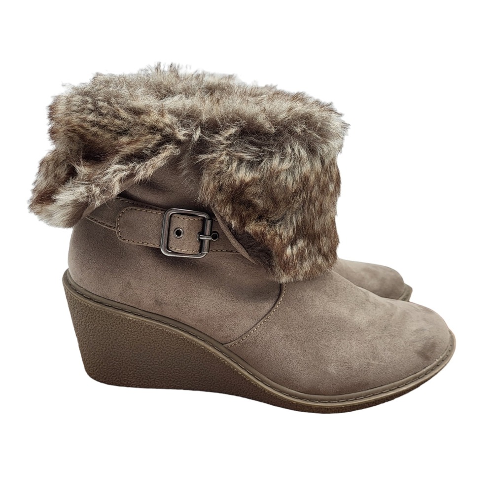 ANA‎ Ankle Boots Womens 10 M Beige Suede Leather Wedge Faux Fur Buckle Booties
